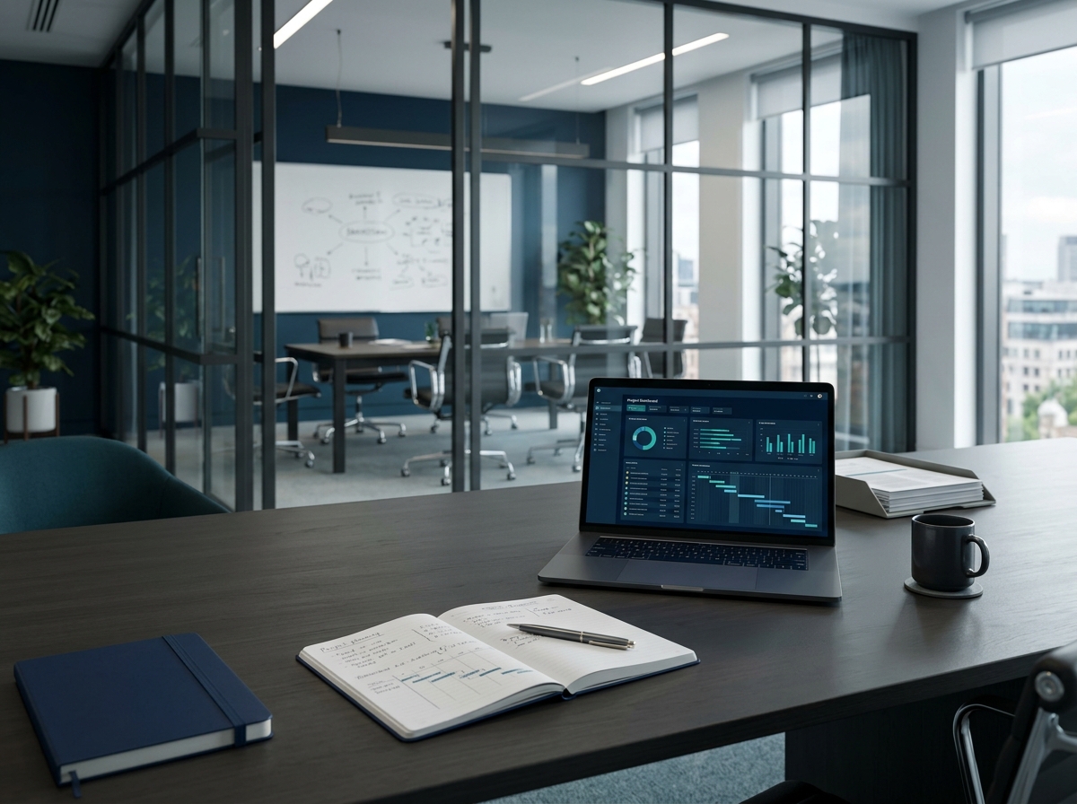 Modern project management workspace with a laptop displaying a project delivery dashboard